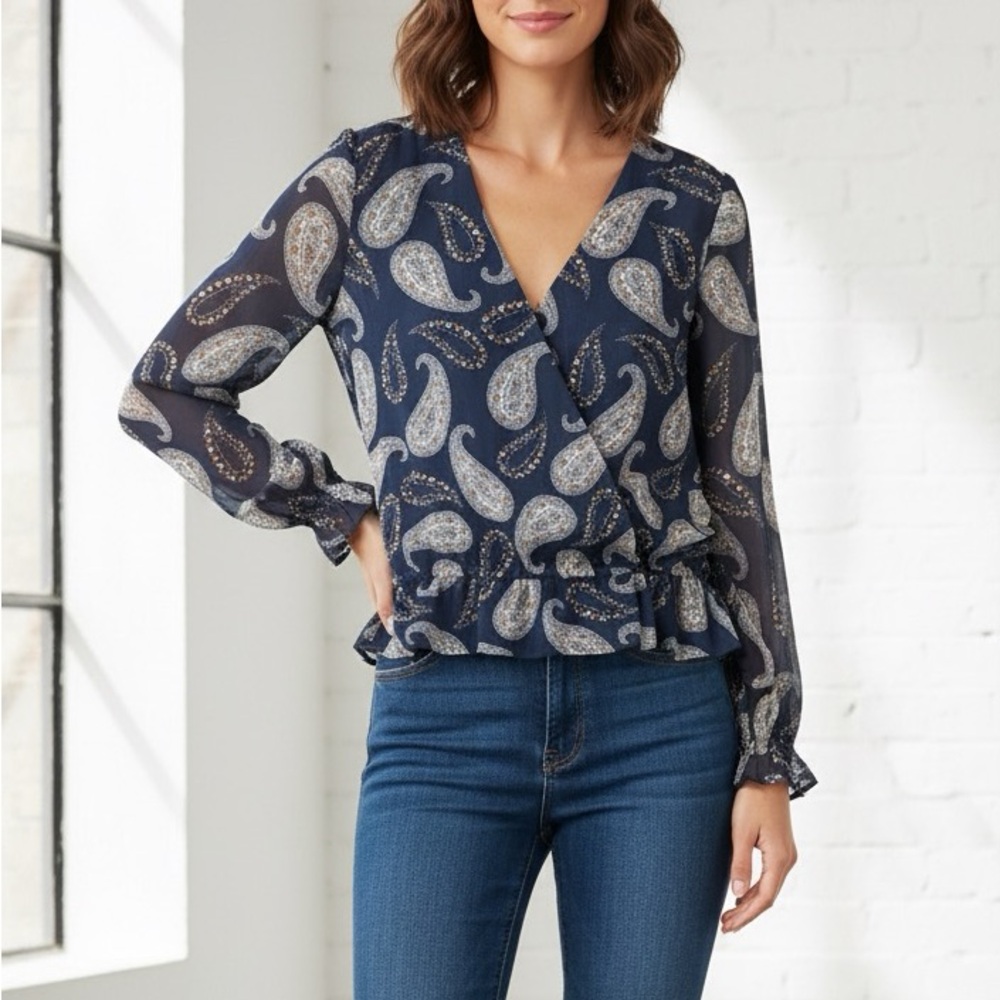 Loft Paisley Navy Blouse Sz XL Wrap V Neck